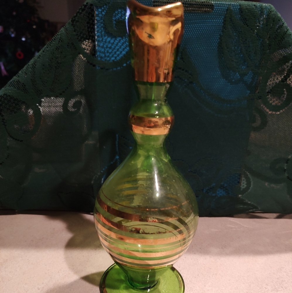 Mid Century modern elegance wine decanter green and gold see photos